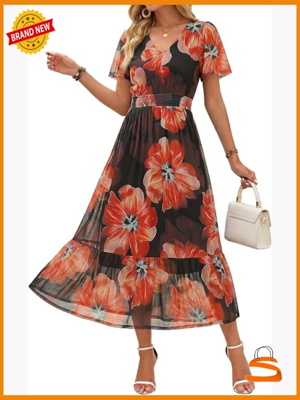 Boho Floral Maxi Dress V Neck Short Sleeve Smocked Waist Wedding Guest Flowy